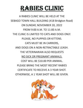 Rabies Clinic, Sunday, November 20, 2022 9:00 am to 11:00 am